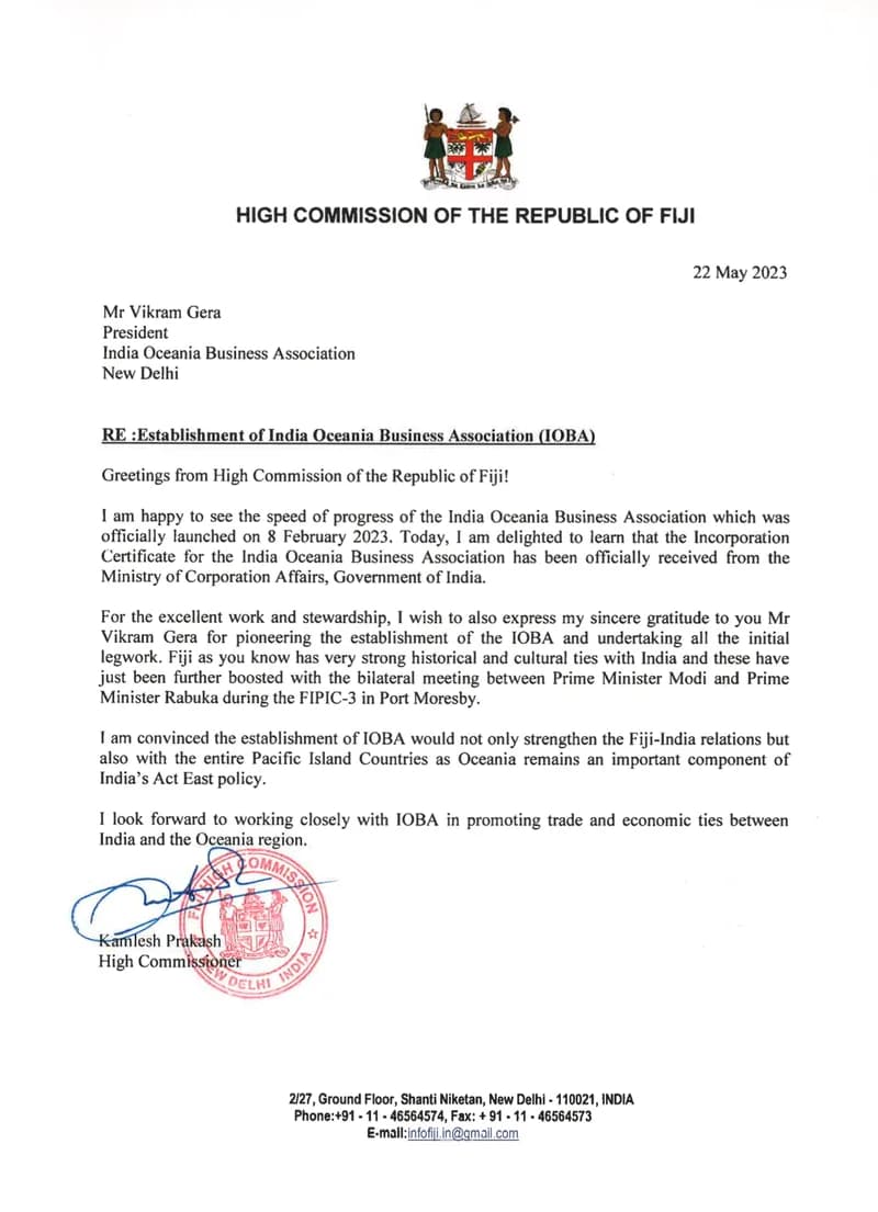 IOBA recognition and compliment letter