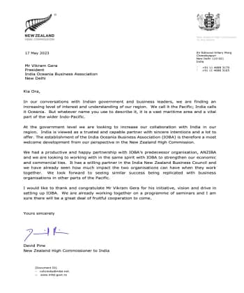 IOBA recognition and compliment letter